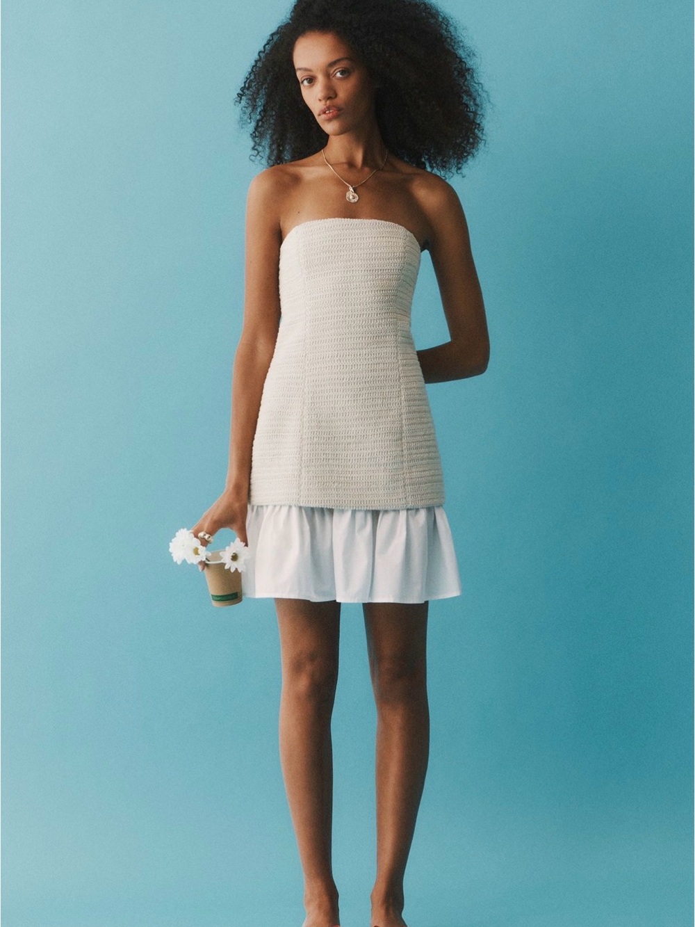 Strapless Cream Knit Bodice Midi Dress with White Ruffle Hem